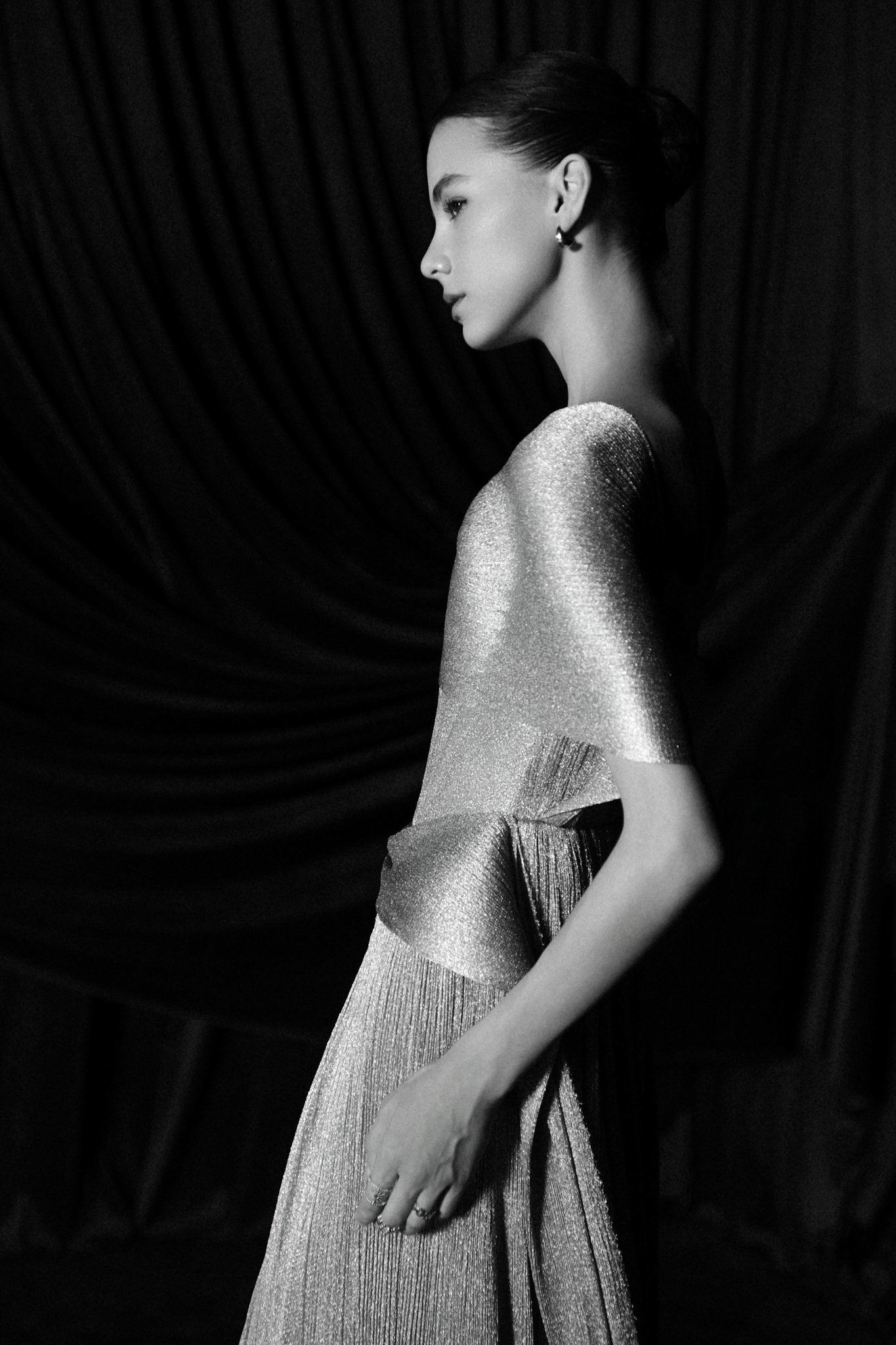 Silk wedding dress in profile, HuyTran Bridal lookbook